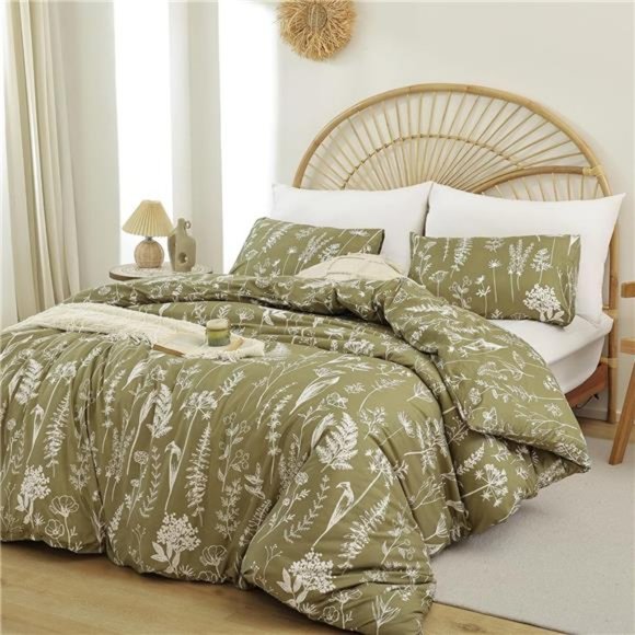 3 Pieces Duvet Covers Queen Size Floral Cover White Botanical Printed Soft Bed - Picture 3 of 8